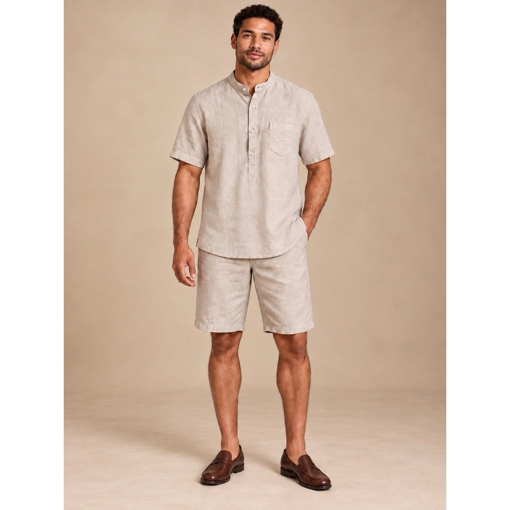 ACHfit Men's XL Oatmeal Beige Linen 2-Piece Shirt Shorts Set Elastic Waist - Picture 1 of 6